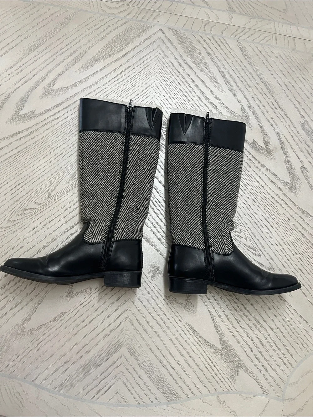 Black Leather and Herringbone Knee-High Riding Boots